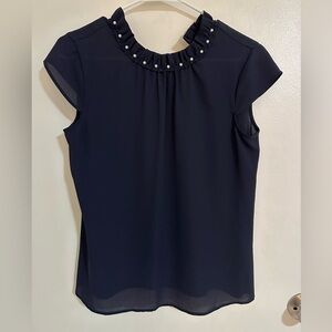 Navy Ruffled Sheer Blouse with Pearl Accents